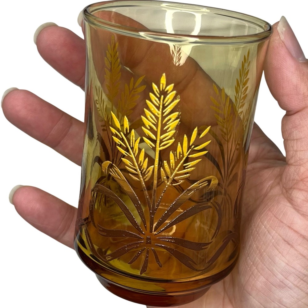 Vintage Amber Glass Wheat Tumblers Set of 2 Golden Harvest Juice Glasses Retro